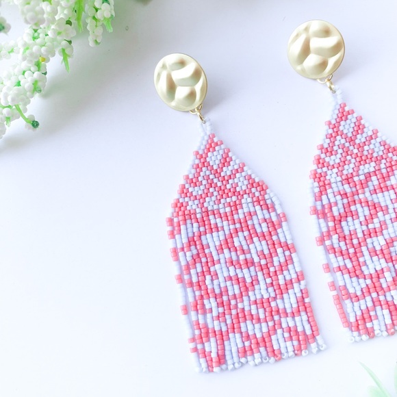 Coral Patterned Fringe Bead Handmade Earrings Pink & Blue - Picture 4 of 6